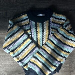 Zara Striped Crewneck Sweater - Black, Yellow, Blue, Green